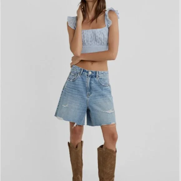 Stradivarius Black Eyelet Ruffle Crop Top (Size S) New Without Tags 🖤 - Picture 8 of 12